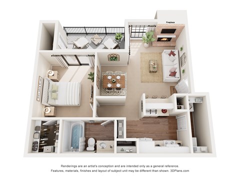 Floor plan for 1 bed, 1 bath, 675 sqft